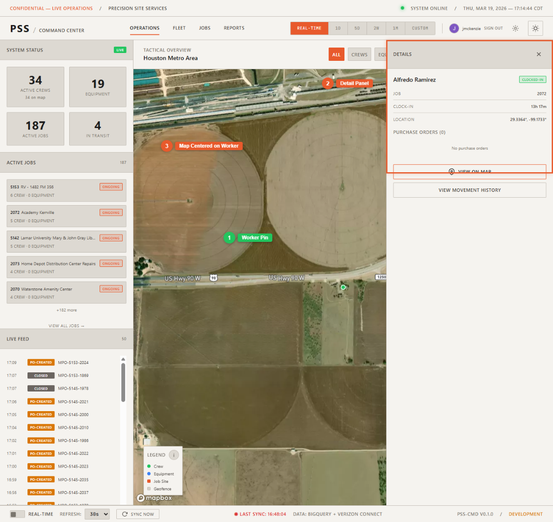 Equipment detail panel on the Fleet page showing the "View on Operations Map" button that navigates to the Operations page with the map zoomed to that equipment's location