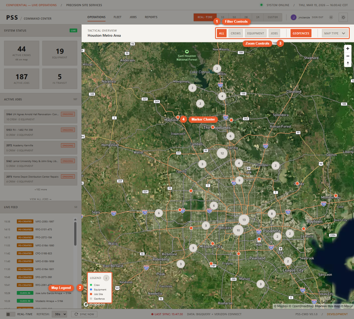 Map area filling the main viewport with worker pins, equipment pins, and job site pins plotted on the Houston metro area, and the four filter buttons (All, Crews, Equipment, Jobs) visible at the top of the map