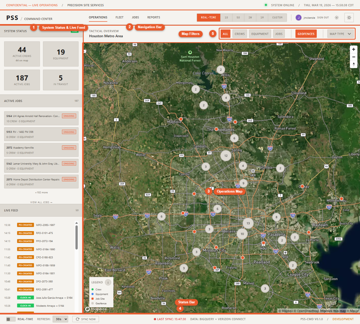 Full Command Center dashboard in dark mode showing the Operations map with worker markers, equipment markers, and job site pins, the top navbar, and the bottom status bar