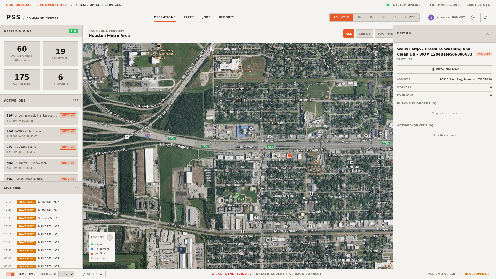 Job detail panel open on the right side of the Jobs page after clicking a table row, showing the full job information, a list of crew members currently on site, a list of equipment assigned, and POs with color-coded status badges
