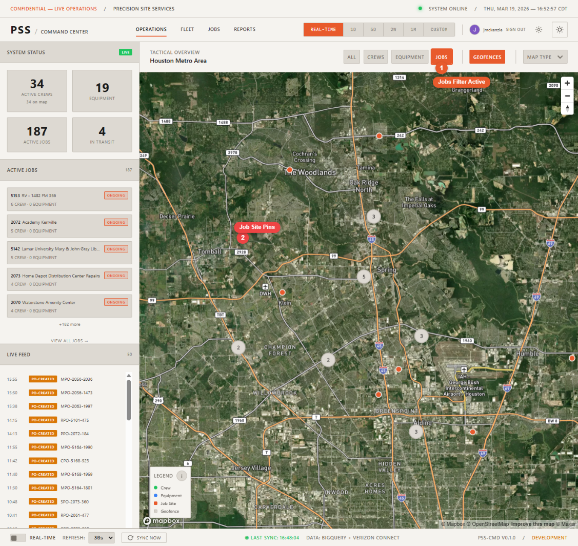Operations map with Jobs filter active, showing only job site pins across the Houston metro area with all worker and equipment markers hidden for a cleaner view