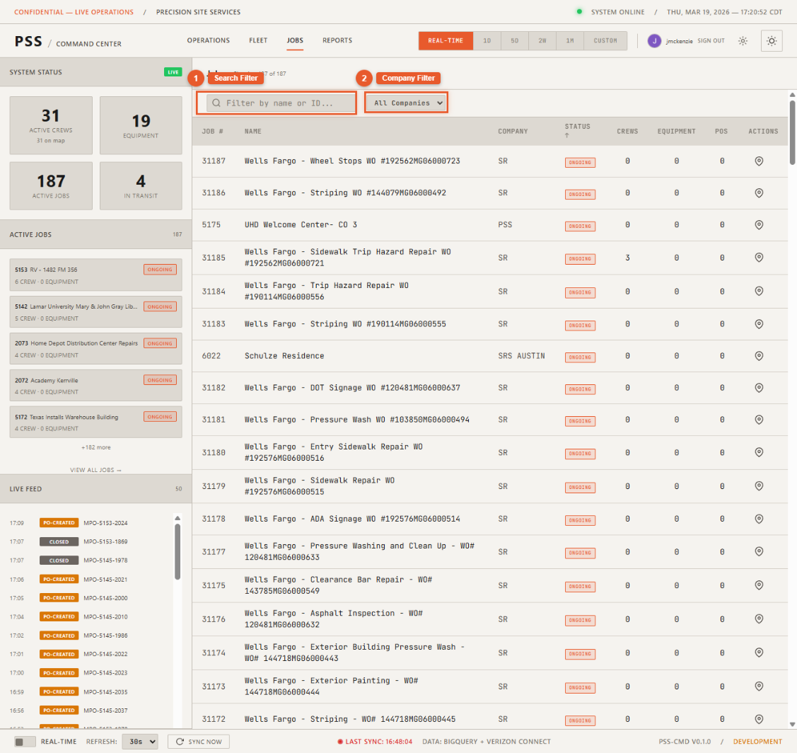 Jobs page showing the search bar above the table with a partial job name typed in, filtering the table rows to show only matching results