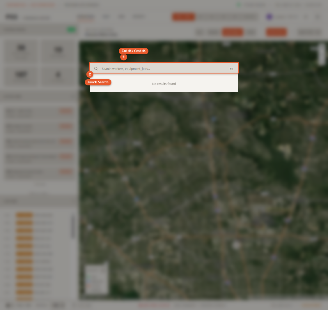 Global search modal open after pressing Cmd+K or Ctrl+K from the Operations map, showing the search input ready for typing