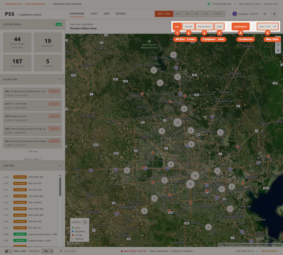 Close-up of the four filter buttons at the top of the Operations map — All, Crews, Equipment, and Jobs — with the All button currently active