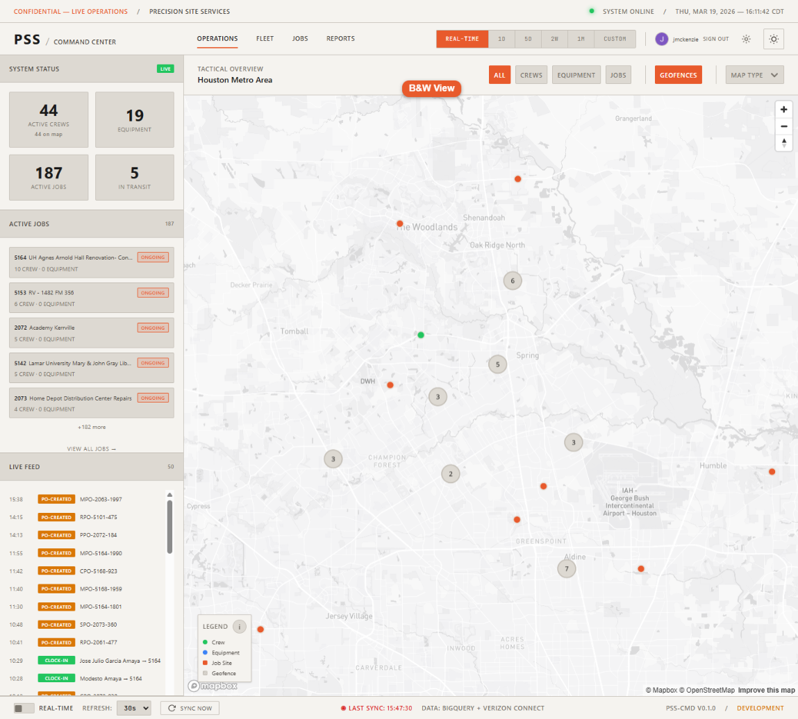 Operations map in B&amp;W (monochrome streets) style with markers overlaid, optimized for wall display legibility