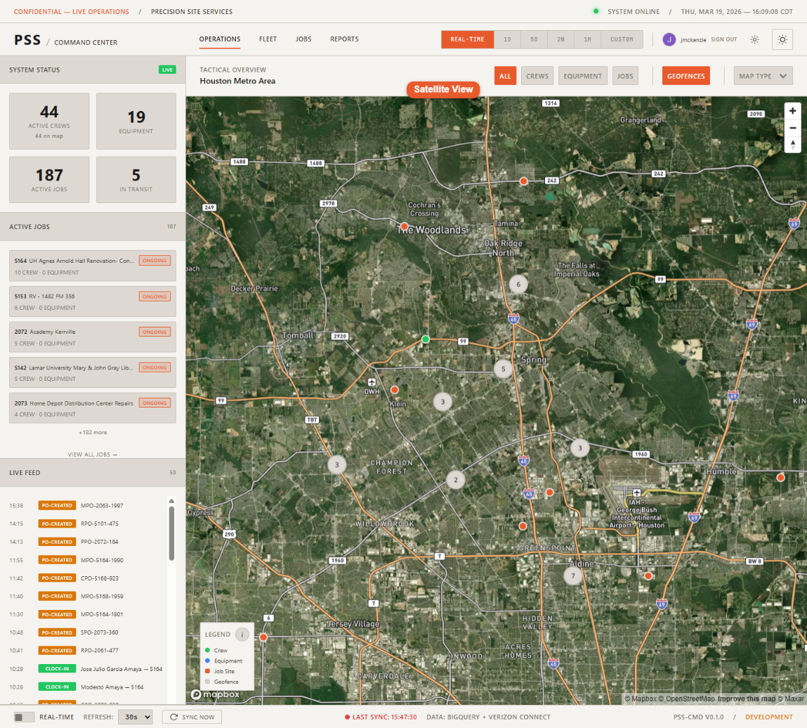 Operations map in Satellite style showing aerial imagery of the Houston metro area with job site and worker markers overlaid