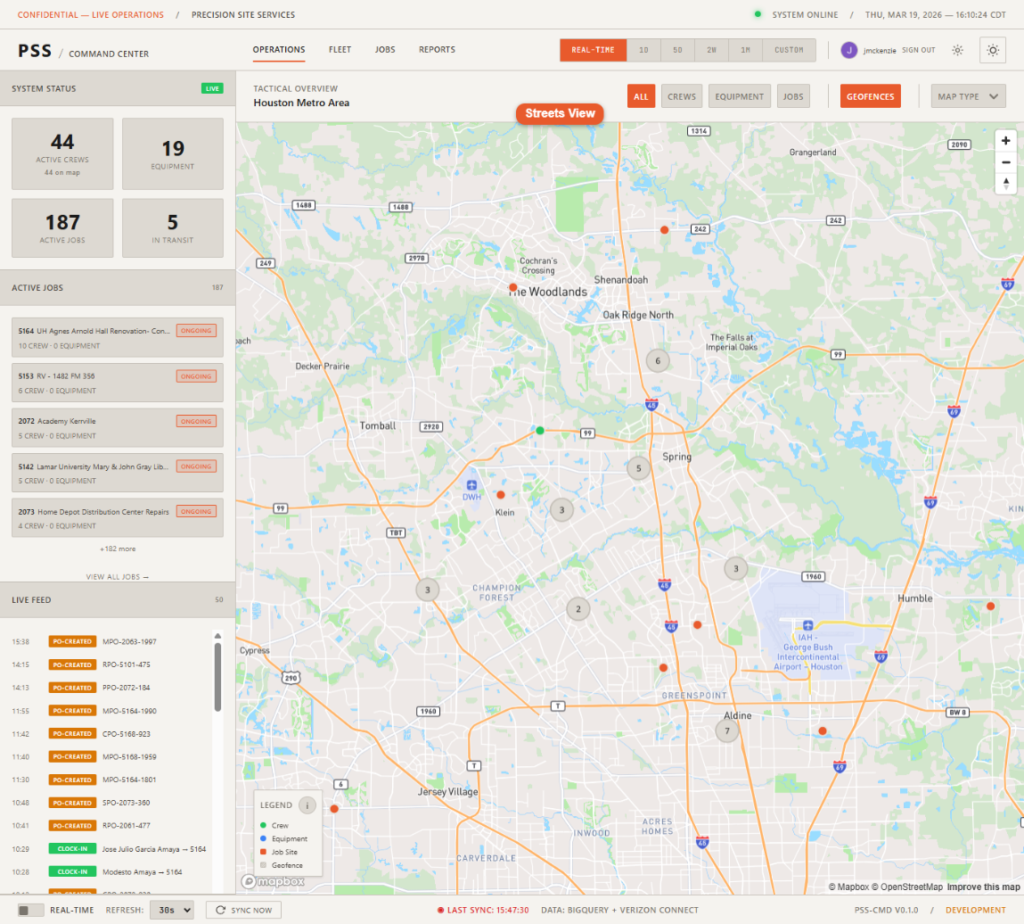 Operations map in Streets style showing the standard road map with markers overlaid, useful for address lookups and navigation