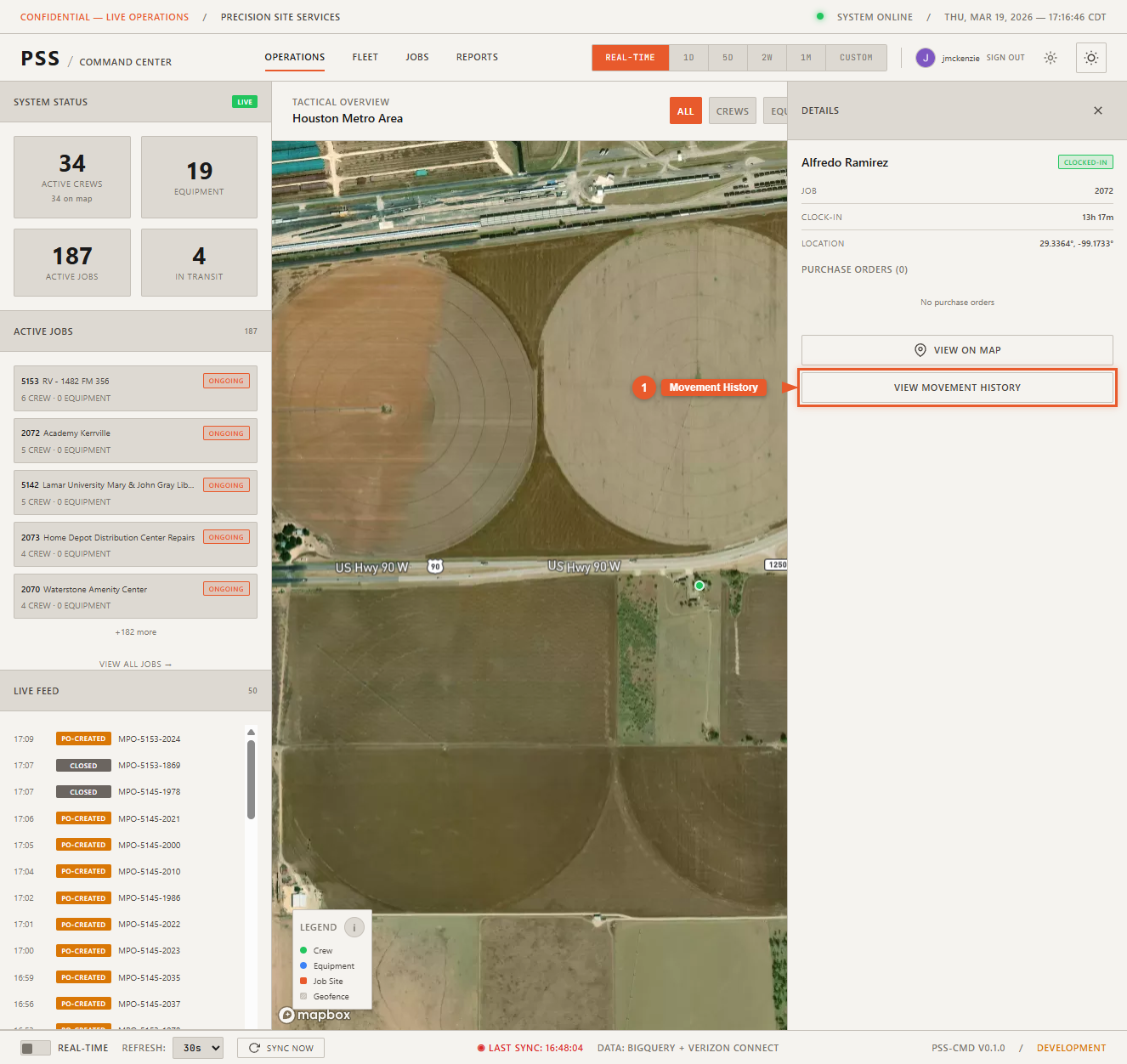 Worker detail panel open on the right side of the map showing the Movement History button at the bottom of the panel, ready to be clicked