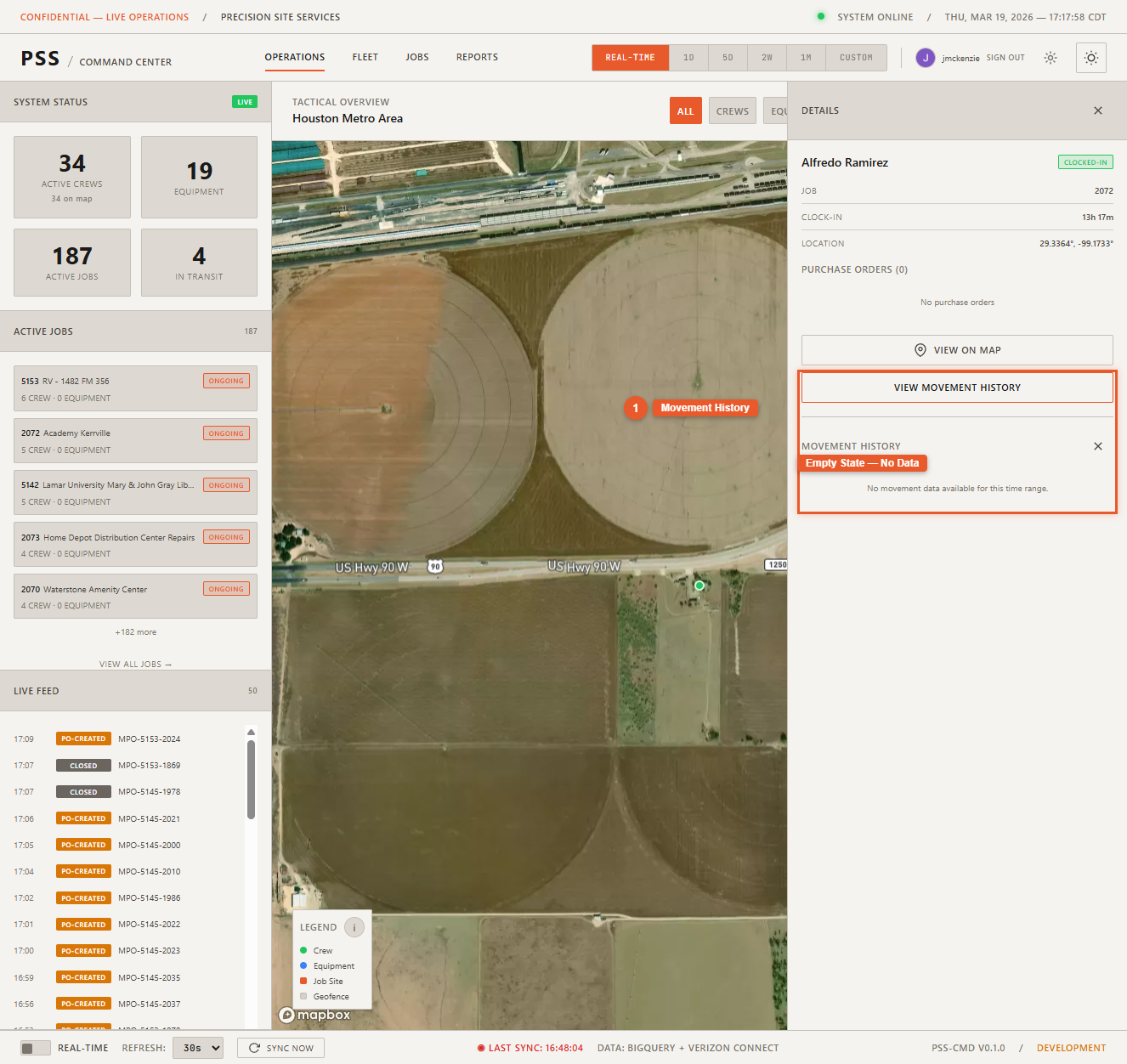 Operations map with a worker's movement history displayed as a polyline connecting GPS position points across the map, showing the route traveled from morning to current time