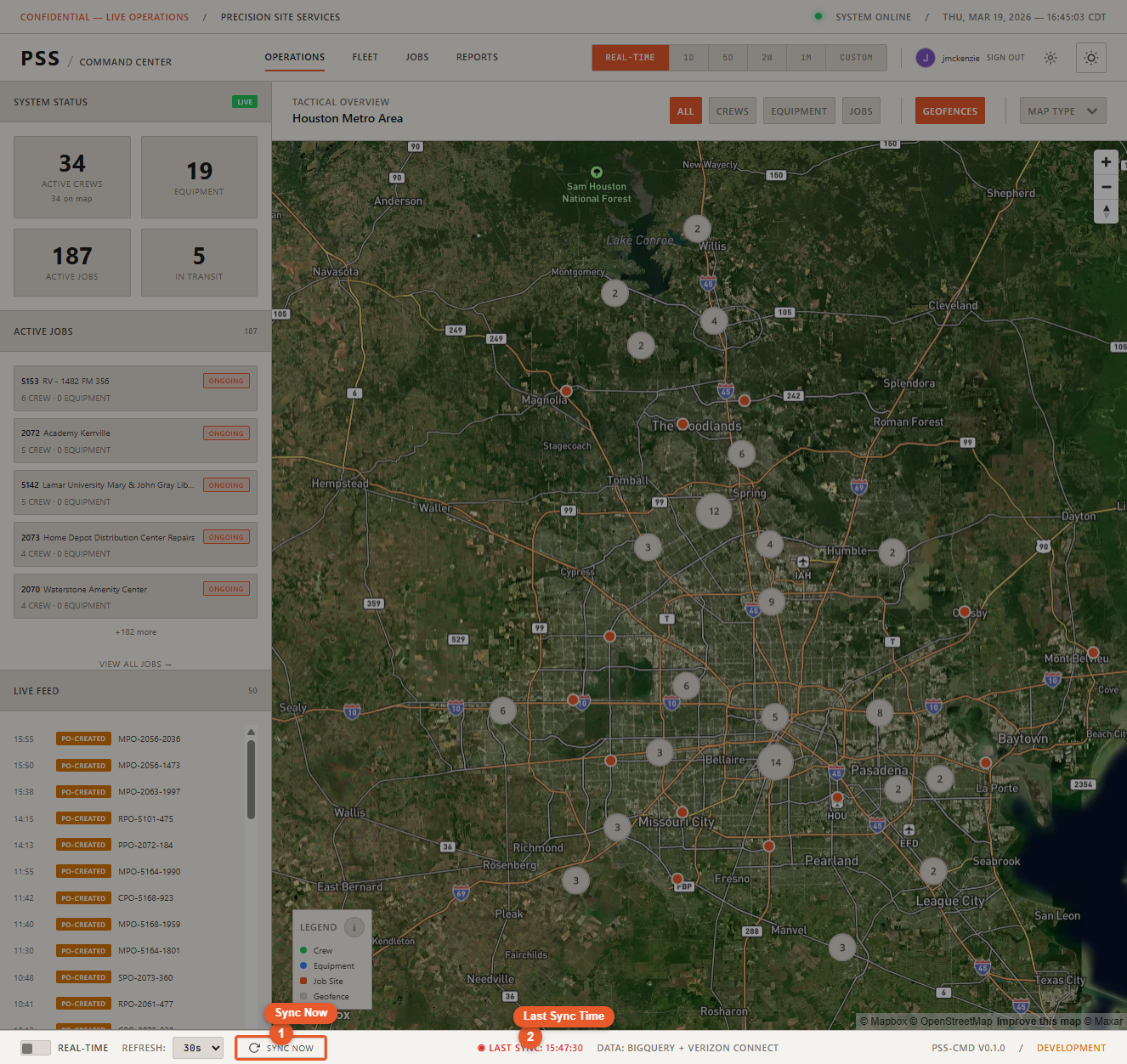 Status bar at the bottom of the screen showing the Sync Now button and the Last Sync timestamp, demonstrating how to manually trigger an immediate refresh of all data sources