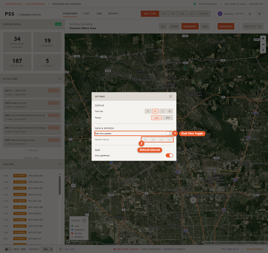 Settings panel Data &amp; Refresh section showing the Real-time toggle switch and the Refresh Interval selector with 15s/30s/1m/5m options visible