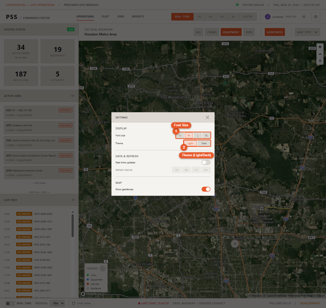 Settings panel Display section showing the Font Size selector with Small/Medium/Large/X-Large options and the Theme toggle switched to Dark mode