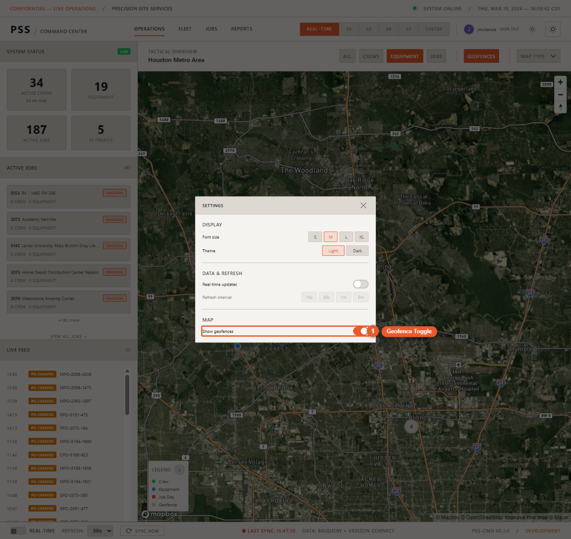 Settings panel Map section showing the Map Style selector with Satellite/Streets/B&amp;W options and the Show Geofences toggle switch