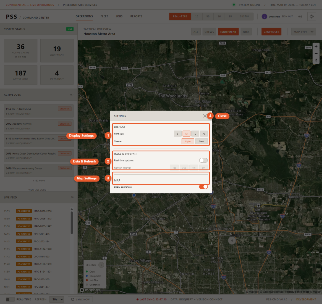 Settings panel or modal open after clicking the gear icon in the navbar, showing all three settings sections: Display, Data &amp; Refresh, and Map, with all controls visible