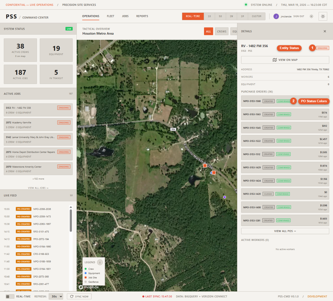 Worker or equipment detail panel showing multiple status badges including green Active, orange Ongoing, and a PO list with various colored status badges, illustrating how colors are used consistently throughout the UI