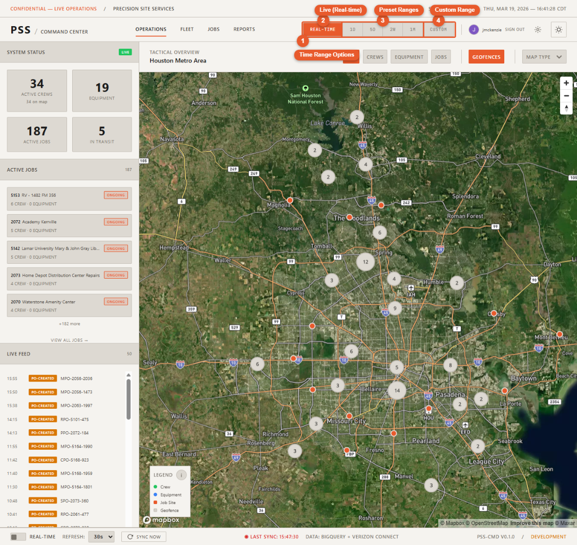 Operations map header showing the time range selector expanded with all options visible: Real-time (active), 1D, 5D, 2W, 1M, and Custom