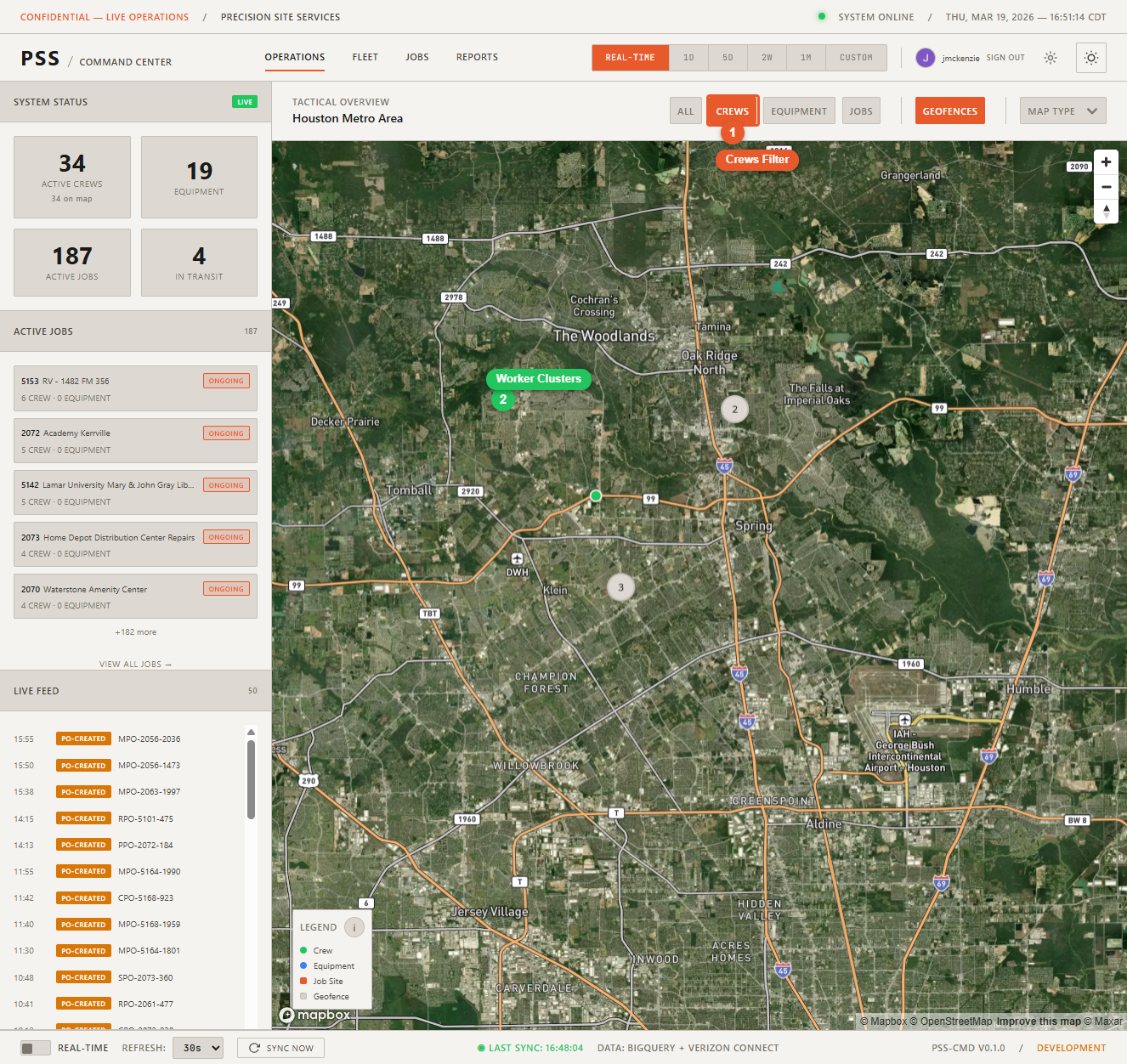 Operations map with Crews filter active, showing worker pins clustered at active job sites across the Houston area