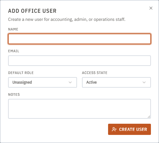 Add Office User dialog with name, email, role, and access state fields