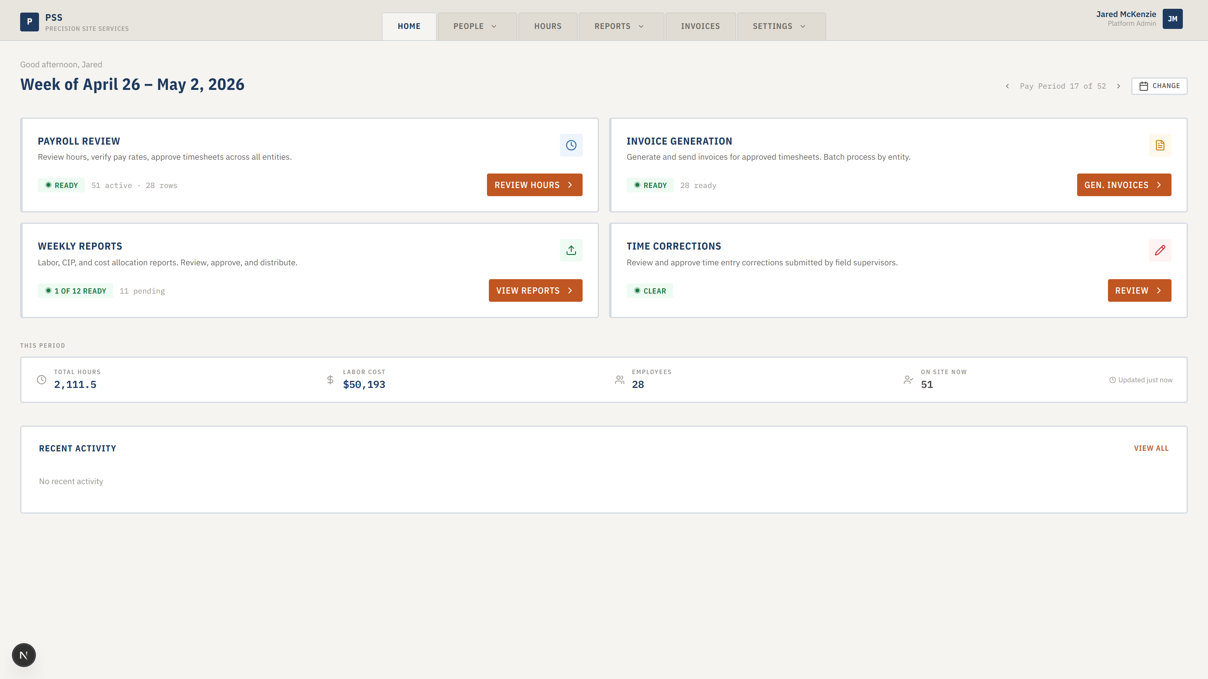 Dashboard home screen showing the six manila folder tabs across the top and the week's summary cards