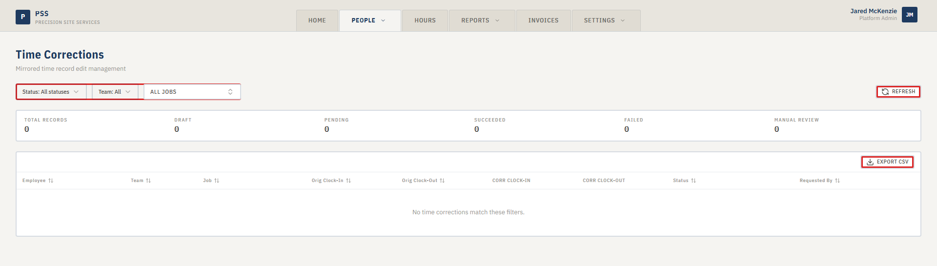 Time Corrections queue view