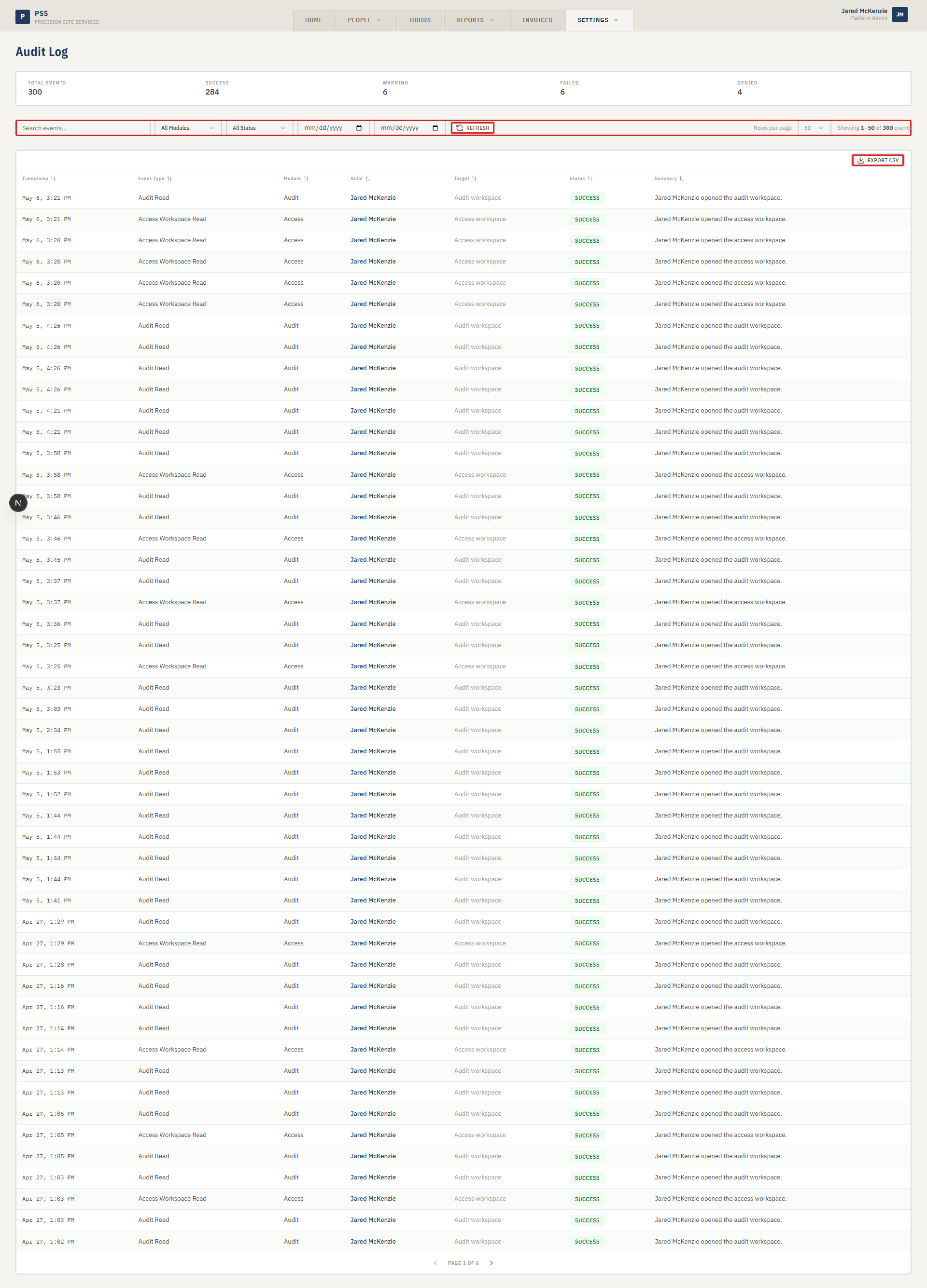 Activity log page showing summary strip and events table