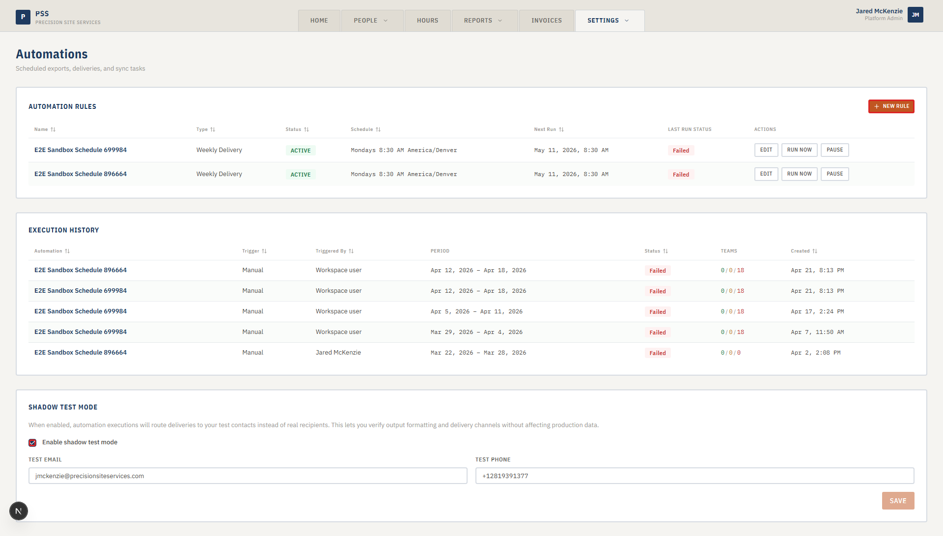 Automations page showing rules table and execution history
