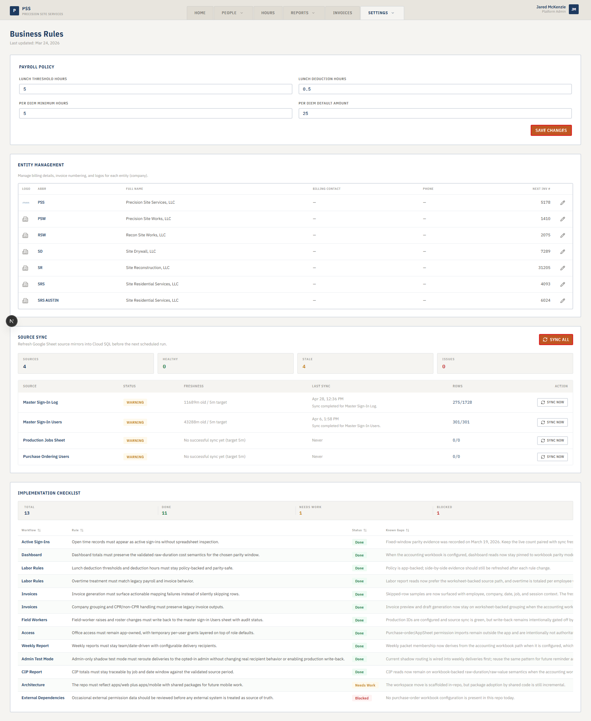 Business Rules page showing payroll policy form and entity management table