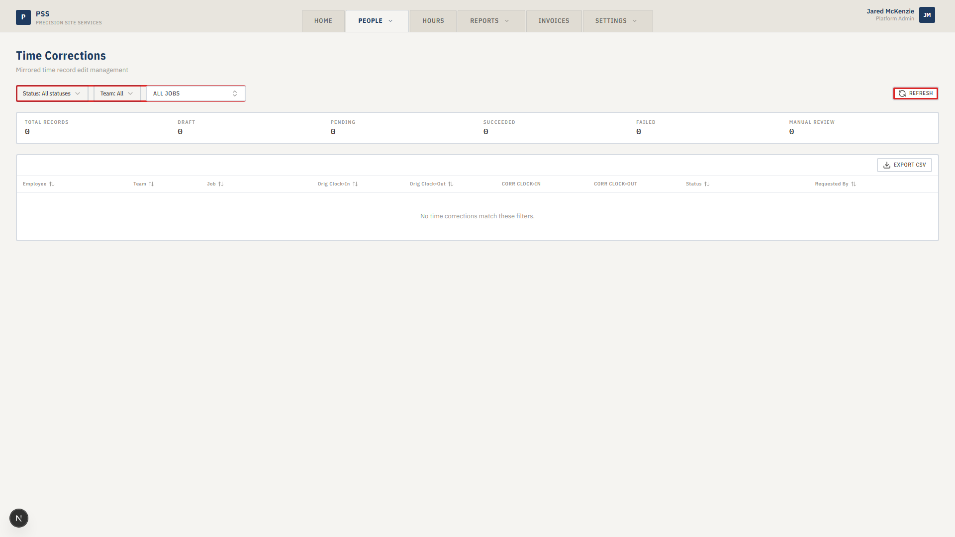 Time Corrections page showing the queue with status and filter bar