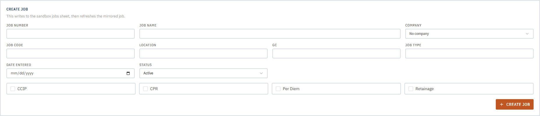 Create Job form with fields for number, name, company, and other details