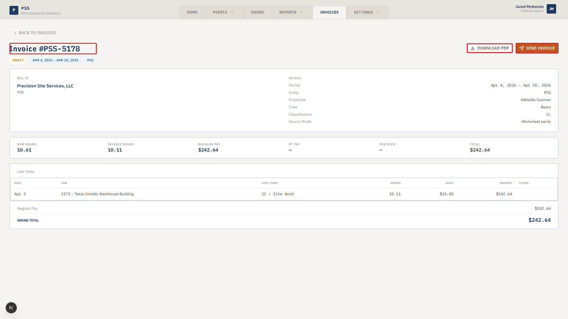 Invoice detail header panel with bill-to and totals