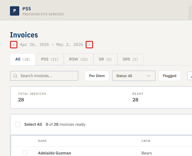Pay period selector showing start and end dates