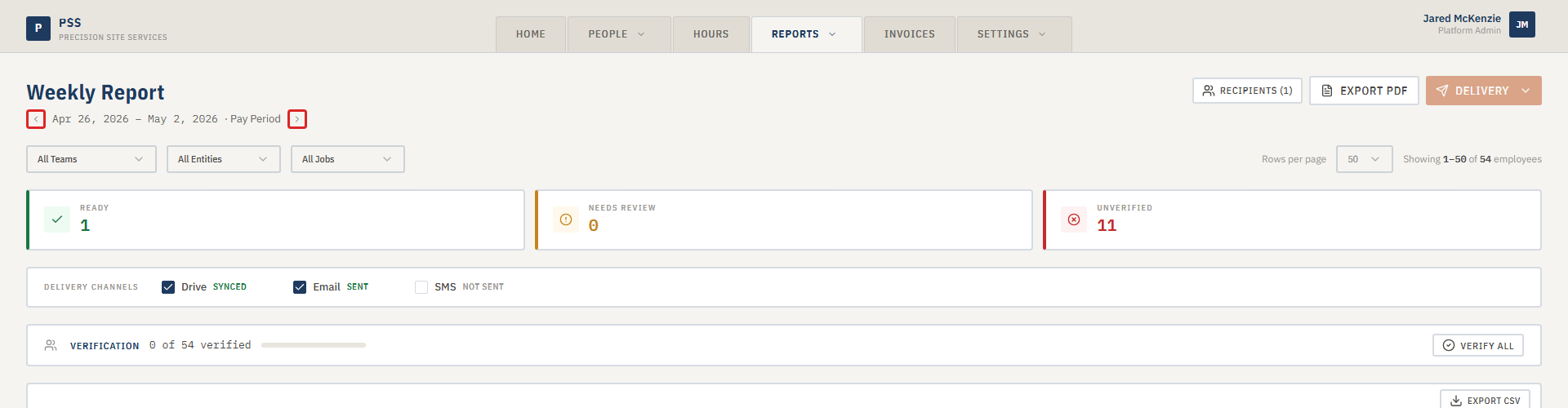 Week-ending date picker on the Weekly Report page