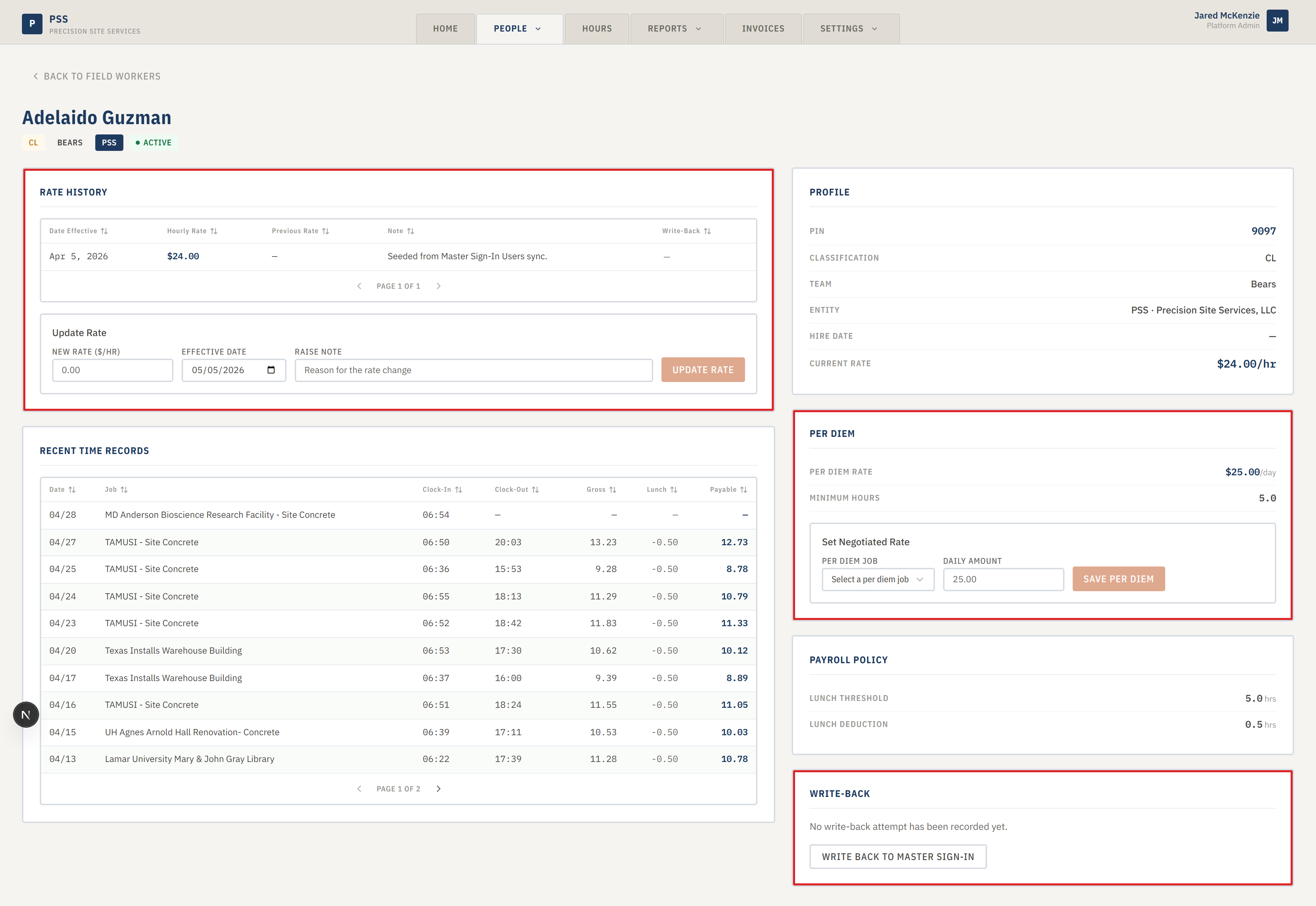 Full field worker detail page with name and badges at the top, rate and hours on the left, profile and per-diem on the right