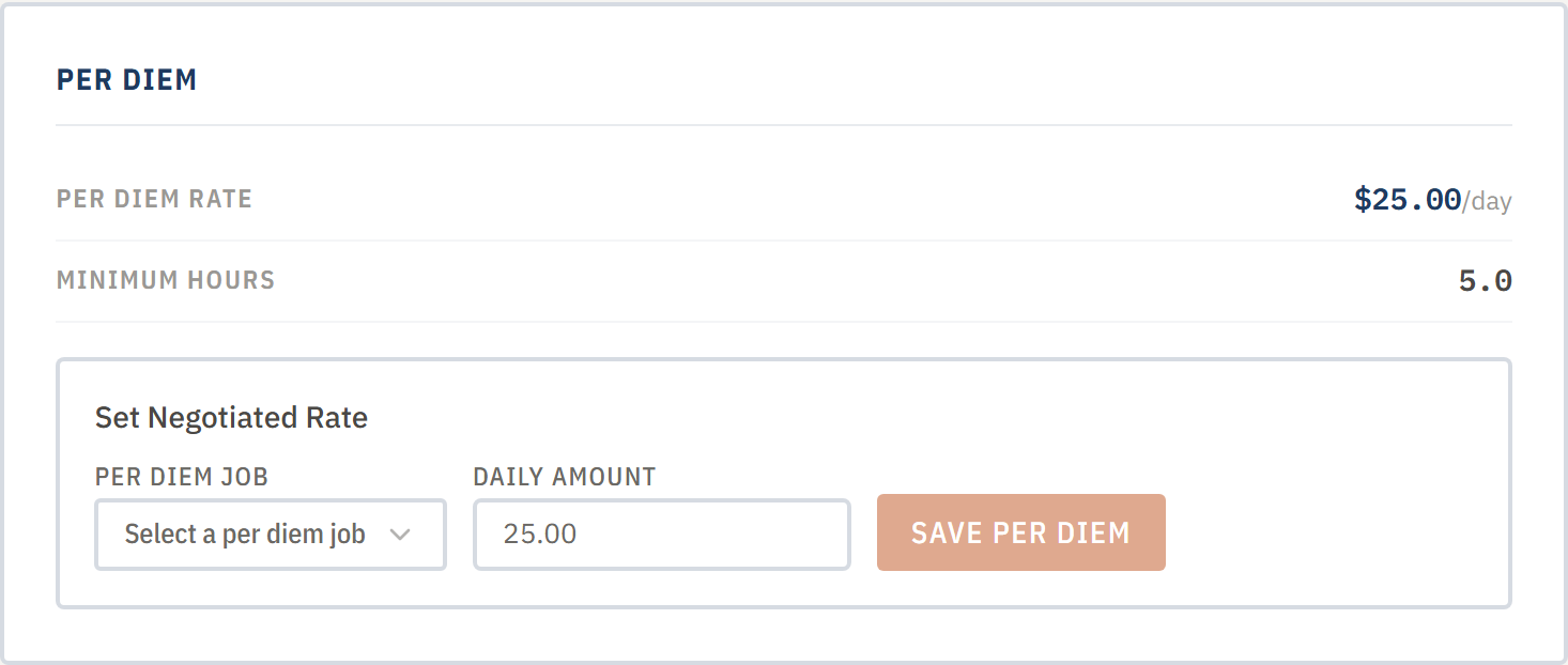 Per Diem card with the job dropdown, daily amount input, and Save button; shows existing rates below