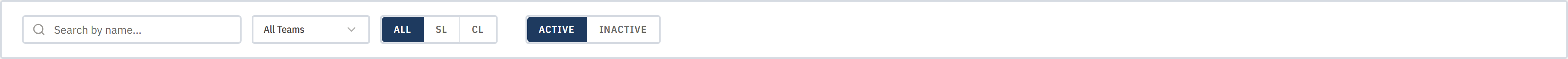 Filter bar showing the search box, All Teams dropdown, SL/CL toggle, and Active/Inactive toggle