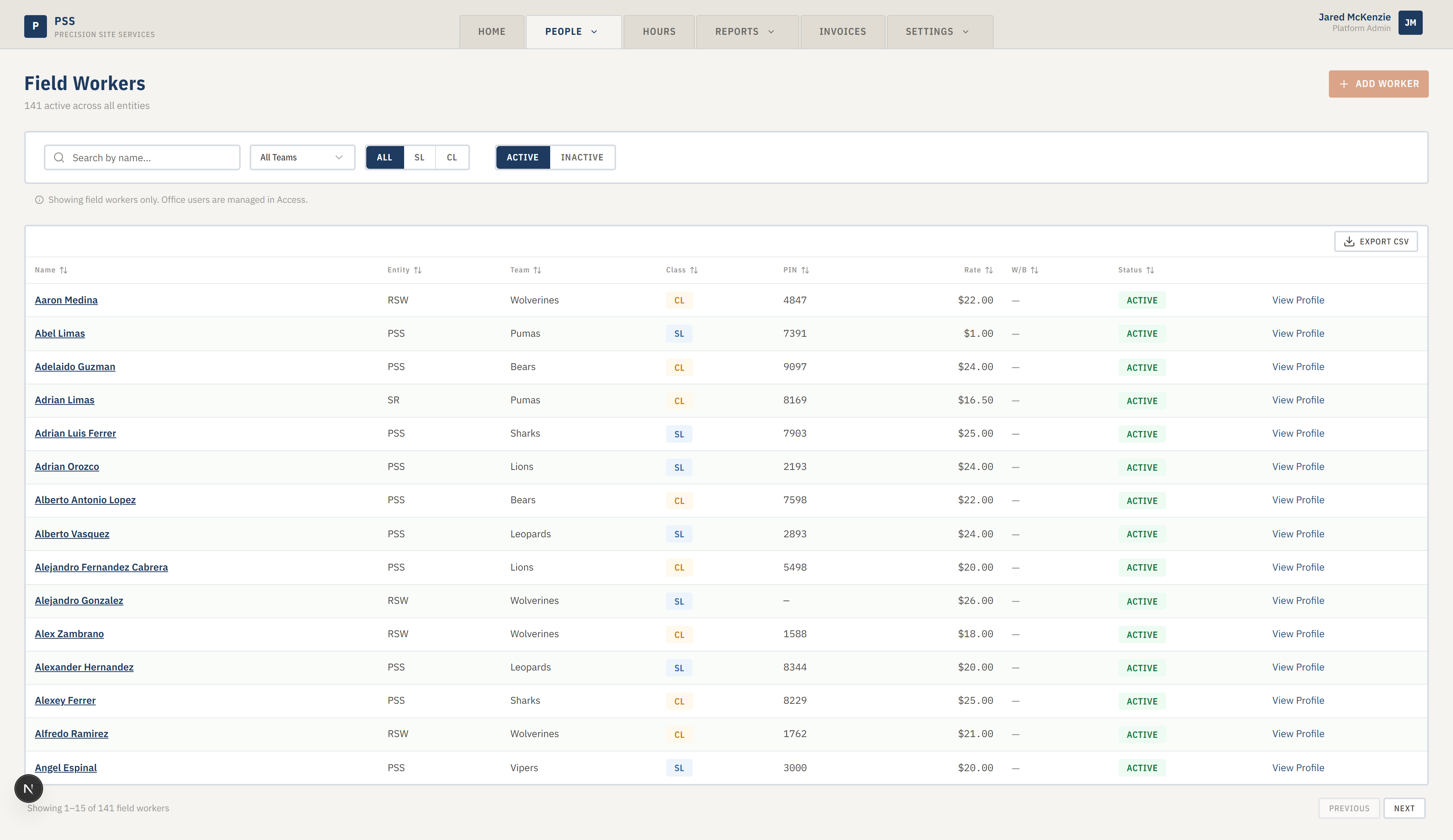 Full Field Workers list with the filter bar on top and the table of workers below