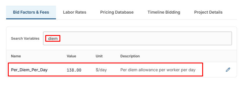 Searching "diem" in Bid Factors & Fees surfaces the editable Per_Diem_Per_Day variable (138.00 $/day)