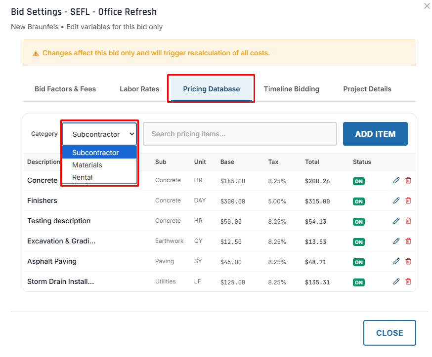 The Pricing Database tab inside Bid Settings — the category selector (Subcontractor / Materials / Rental), search, Add Item, and per-row edit/delete controls