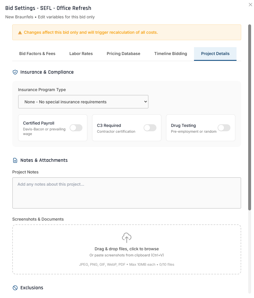 The Project Details tab — Insurance & Compliance toggles, Project Notes, screenshot/document attachments, and Exclusions