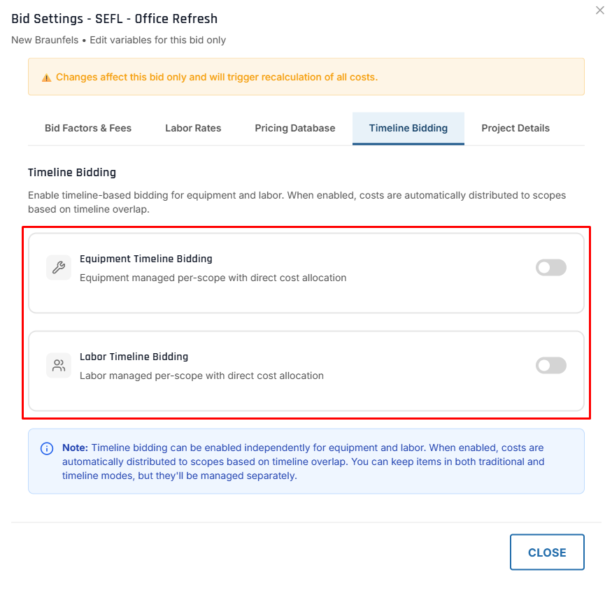 The Timeline Bidding tab — independent Equipment and Labor timeline toggles