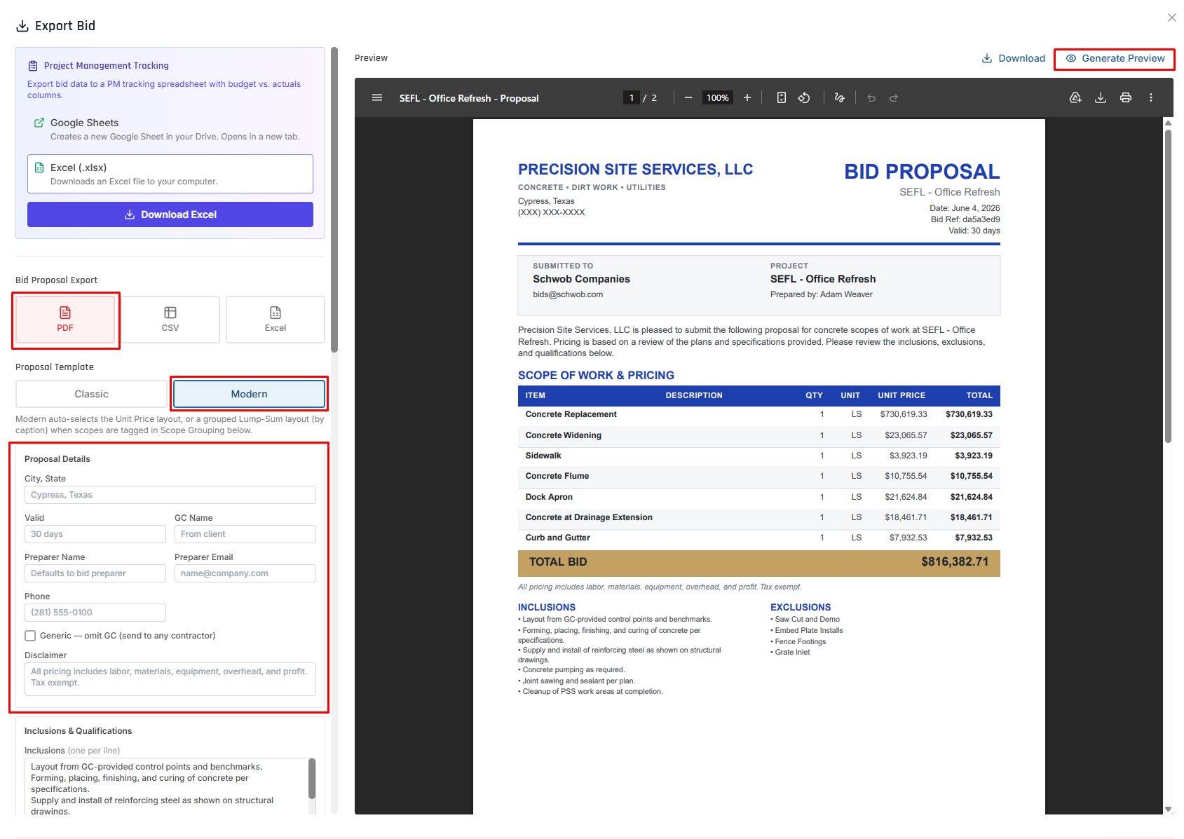 The Export Bid dialog in Modern proposal mode, with the live PDF preview on the right