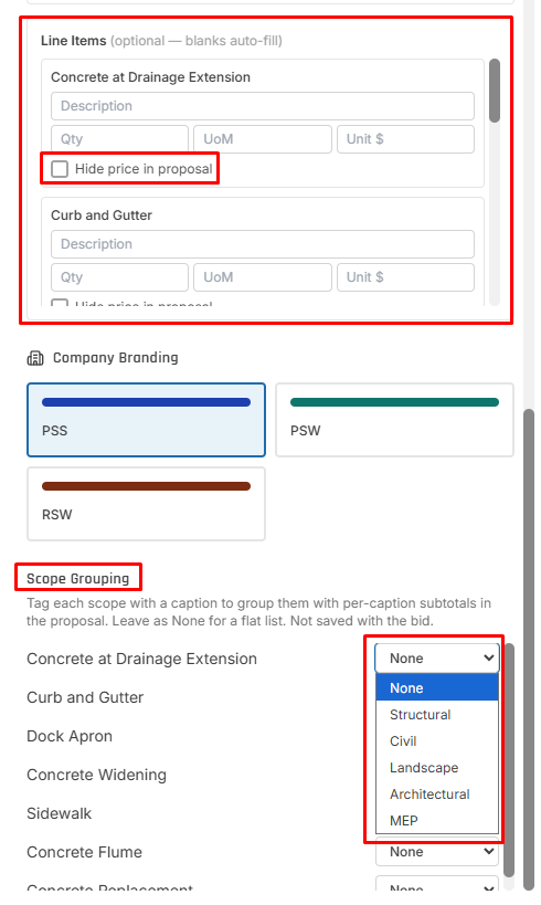 Per-line Hide price in proposal toggles, the Company Branding selector (PSS / PSW / RSW), and the per-scope Scope Grouping caption dropdown