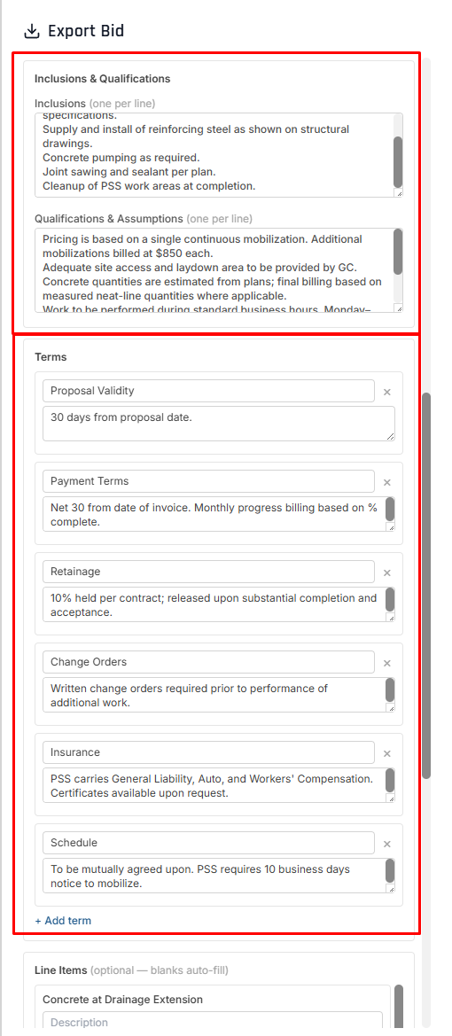 Editable Inclusions and Qualifications &amp; Assumptions lists, plus the labeled Terms blocks — Proposal Validity, Payment Terms, Retainage, Change Orders, Insurance, and Schedule