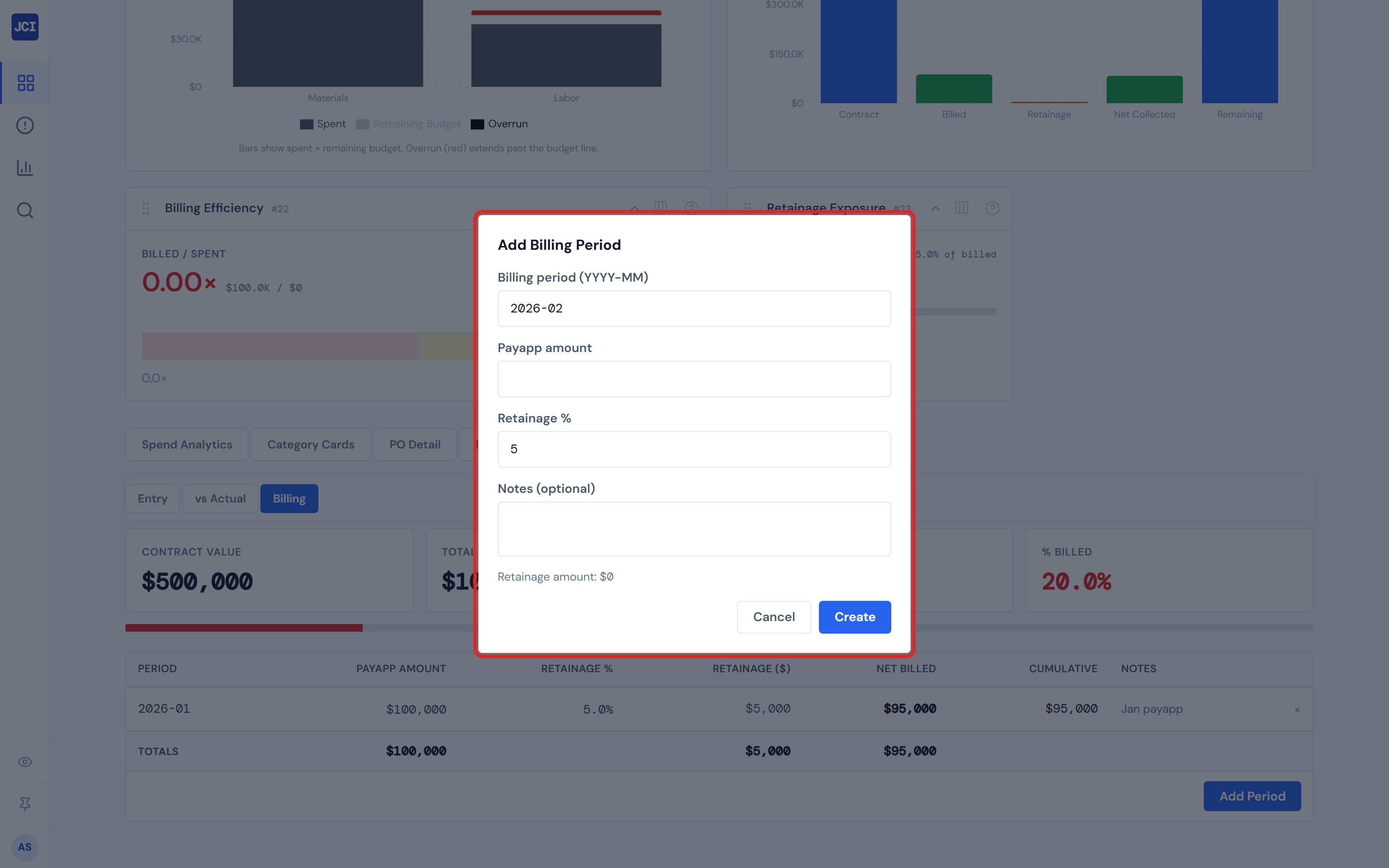 Add Billing Period modal open over the JCI Dashboard with four input fields labeled Billing period in YYYY MM format, Payapp Amount in dollars, Retainage Percent defaulting to five, and Notes optional, with a live retainage preview showing the calculated dollar amount as the user types the payapp