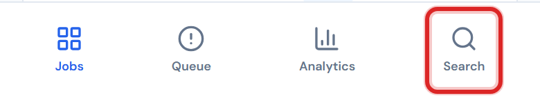 JCI Dashboard bottom navigation bar visible on a phone-width viewport, with four icons across the bottom edge — Jobs, Queue, Analytics, and Search — each labeled in tiny text underneath