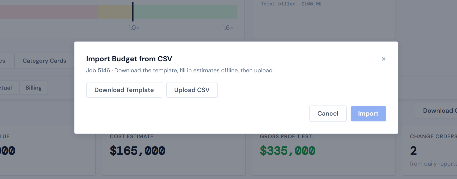 JCI Dashboard Import Budget from CSV modal dialog showing the Download Template and Upload CSV action buttons across the top, followed by a parsed preview table listing cost codes and estimate amounts ready to be imported