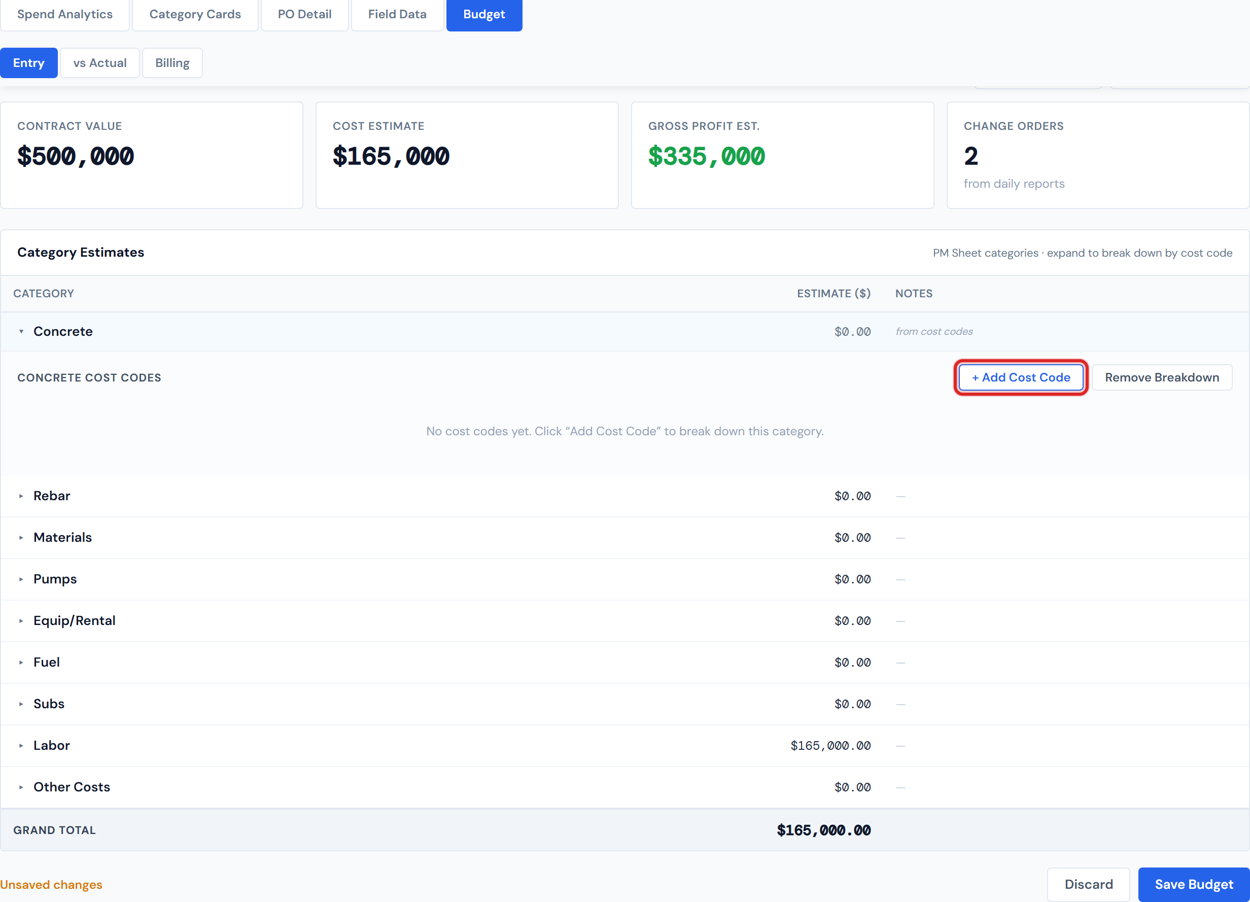 JCI Dashboard Budget Entry showing the Labor category row expanded to reveal the Cost Code Breakdown Panel with three cost code rows each with a dollar estimate and a subtotal at the bottom of the panel matching the category estimate cell to the cent