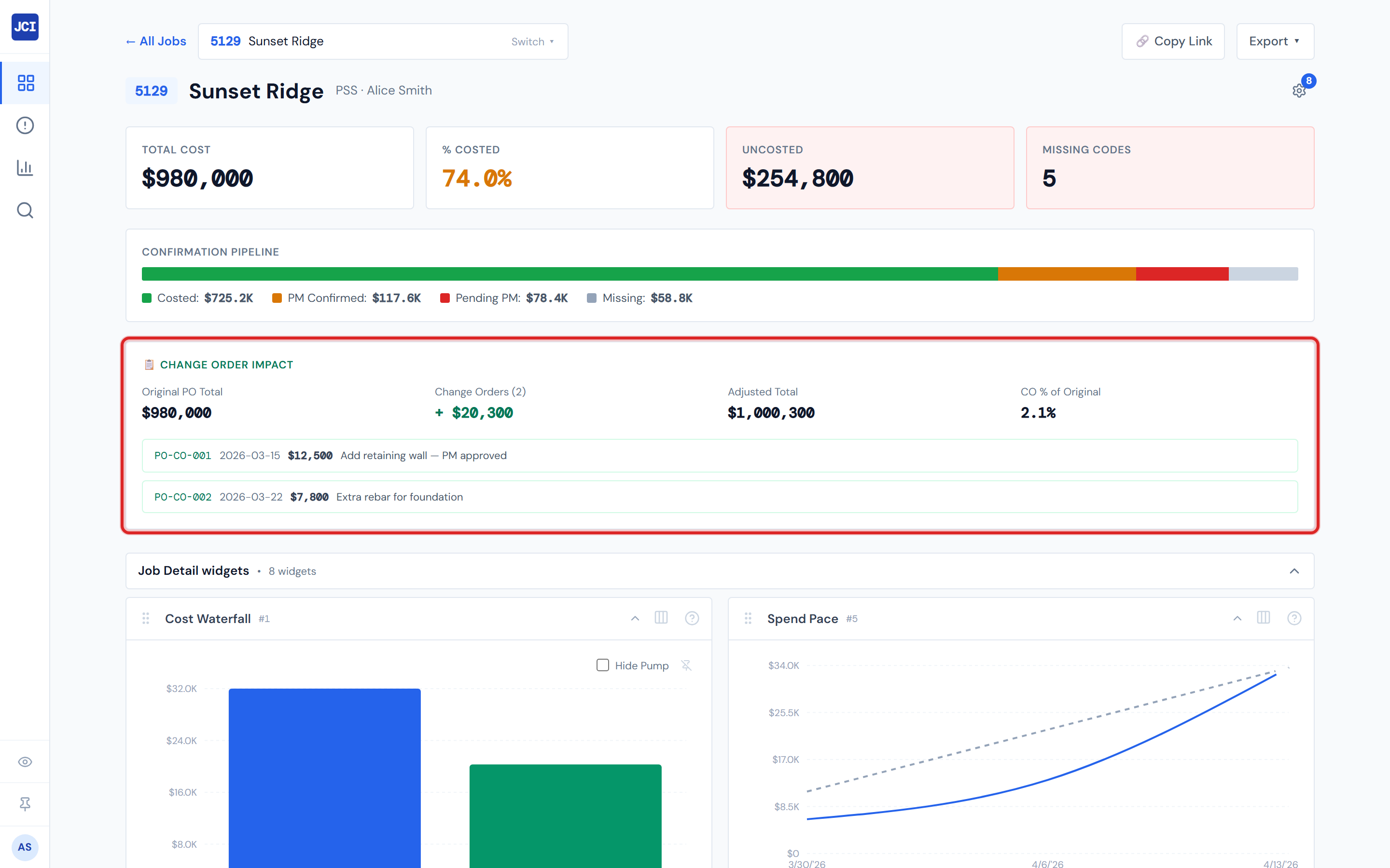 JCI Dashboard Job Detail page header area showing the green Change Order Impact banner above the tab bar, with four headline numbers laid out left to right reading Original PO Total, Change Orders count plus dollars, Adjusted Total, and CO percent of Original