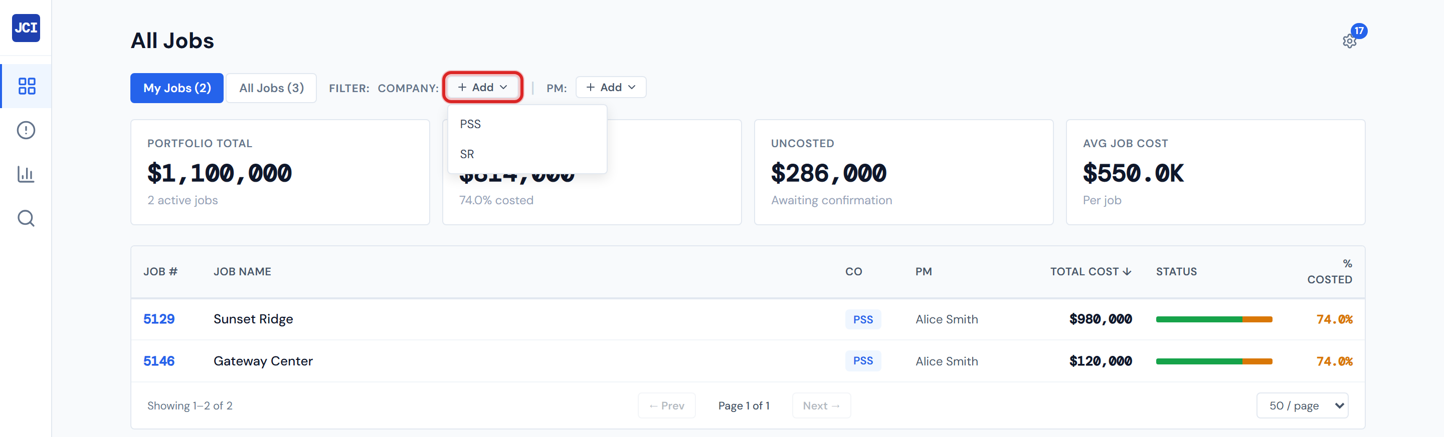 JCI Dashboard filter bar company chip selector expanded, showing all eight company codes — PSS, PSW, RSW, SR, SITE DRYWALL, SRS, SRS AUSTIN, SRS PAINTING AND DRYWALL — with checkboxes