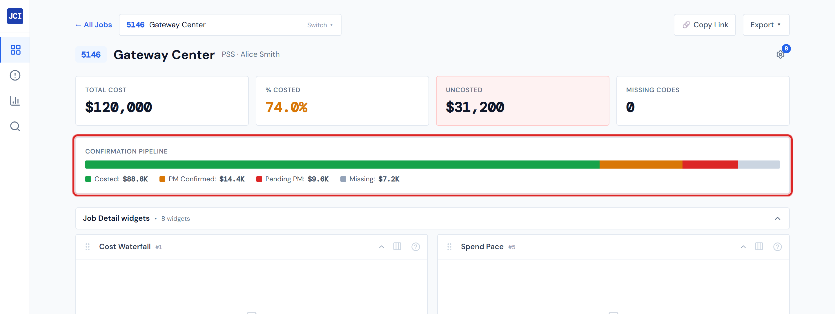 JCI Dashboard Confirmation Pipeline card showing a horizontal status bar split into four colored segments — a large green Costed segment, then smaller amber PM Confirmed, red Pending PM, and gray Missing segments — with a four-item legend below the bar listing each bucket name and its dollar total
